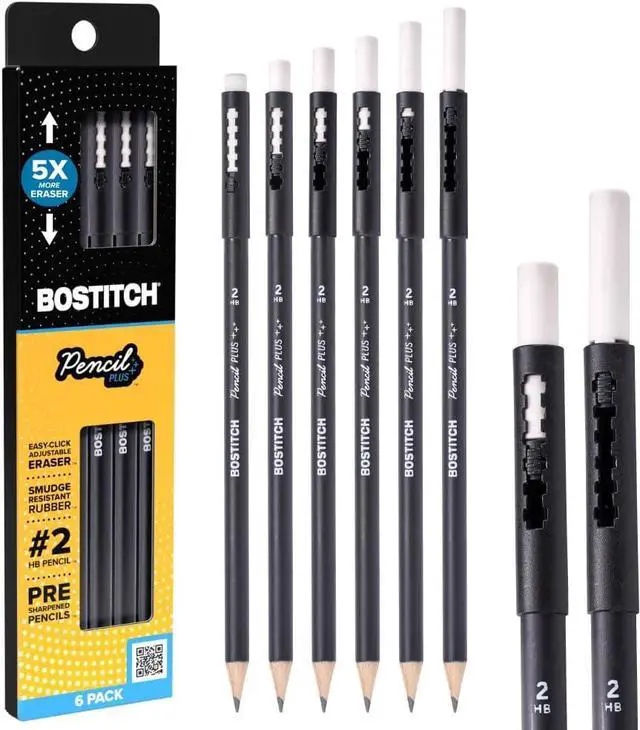 Main image of Bostitch, Wood-Cased Pencil Plus, Retractable Eraser, American Cedar Wood, #2 HB, Round, Matte Black, Pre-sharpened, Six Pack