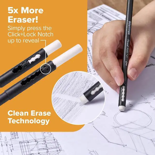 Alt view image 2 of 7 - Bostitch, Wood-Cased Pencil Plus, Retractable Eraser, American Cedar Wood, #2 HB, Round, Matte Black, Pre-sharpened, Six Pack