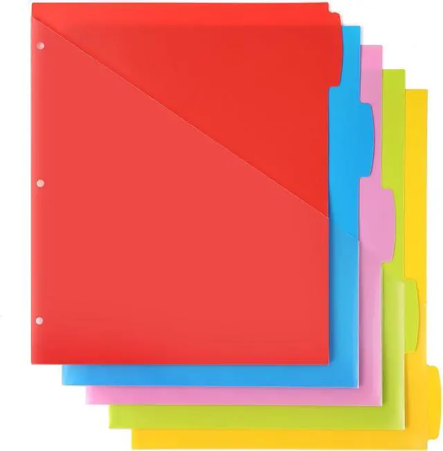 Main image of Plastic 5-Tab Dividers with Clear Front Pockets -1 Set, Pocket Dividers for 3-Ring Binders, Multi-Color Binder Dividers