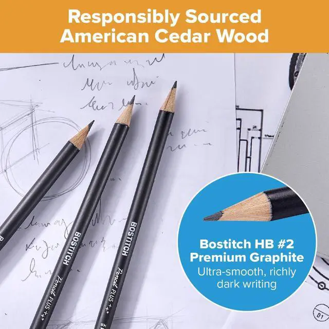 Alt view image 3 of 7 - Bostitch, Wood-Cased Pencil Plus, Retractable Eraser, American Cedar Wood, #2 HB, Round, Matte Black, Pre-sharpened, Six Pack