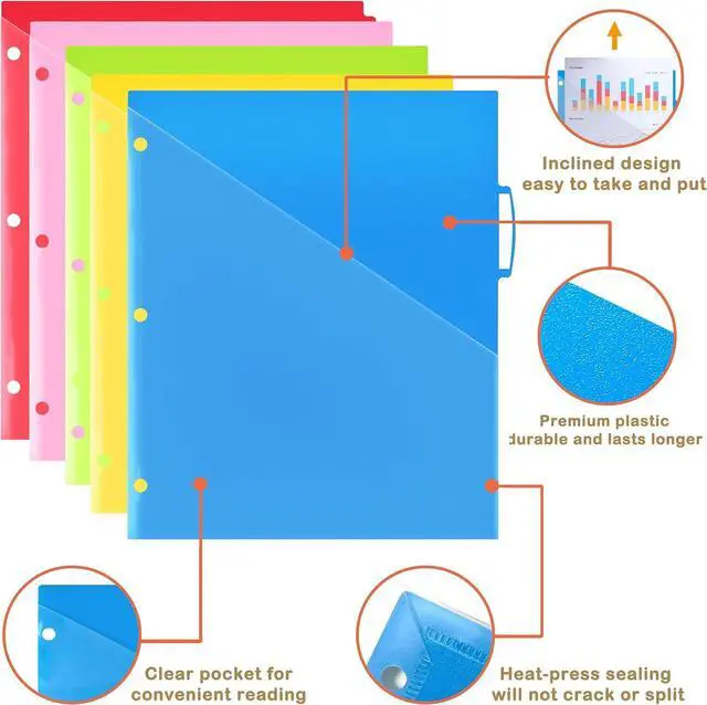 Alt view image 2 of 6 - Plastic 5-Tab Dividers with Clear Front Pockets -1 Set, Pocket Dividers for 3-Ring Binders, Multi-Color Binder Dividers