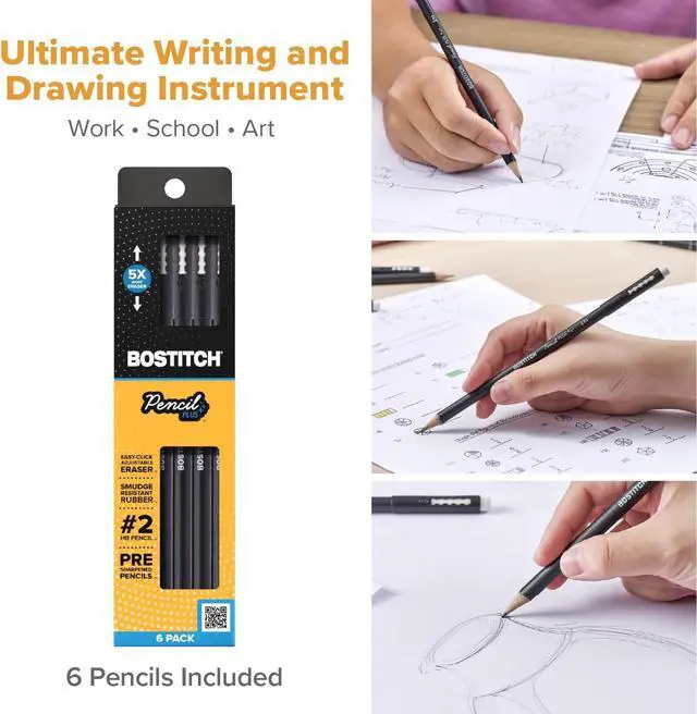 Alt view image 4 of 7 - Bostitch, Wood-Cased Pencil Plus, Retractable Eraser, American Cedar Wood, #2 HB, Round, Matte Black, Pre-sharpened, Six Pack