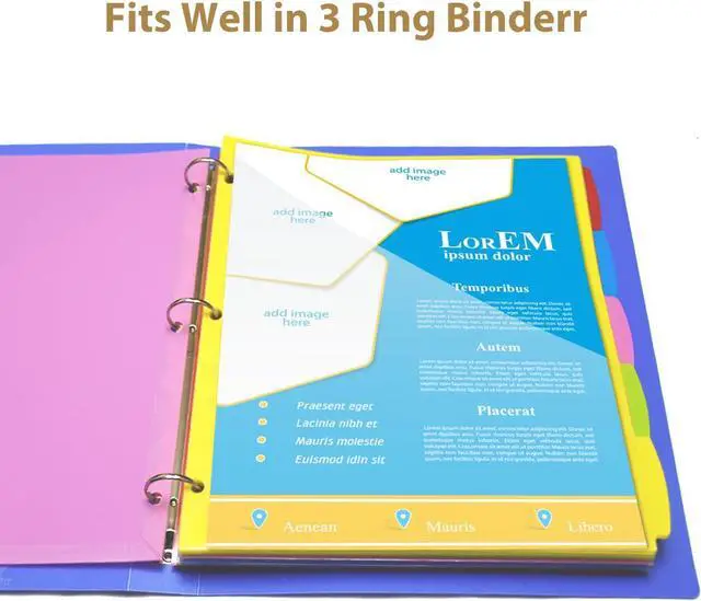 Alt view image 3 of 6 - Plastic 5-Tab Dividers with Clear Front Pockets -1 Set, Pocket Dividers for 3-Ring Binders, Multi-Color Binder Dividers