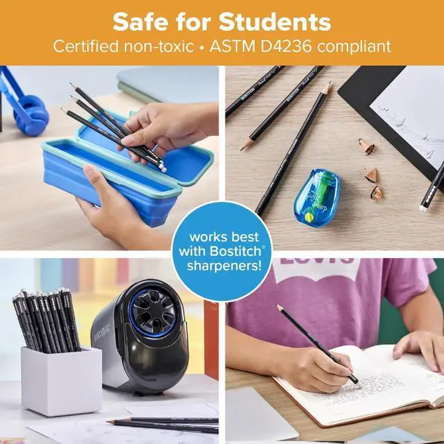 Alt view image 5 of 7 - Bostitch, Wood-Cased Pencil Plus, Retractable Eraser, American Cedar Wood, #2 HB, Round, Matte Black, Pre-sharpened, Six Pack