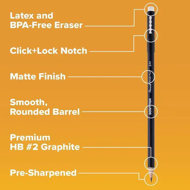 Alt view image 6 of 7 - Bostitch, Wood-Cased Pencil Plus, Retractable Eraser, American Cedar Wood, #2 HB, Round, Matte Black, Pre-sharpened, Six Pack