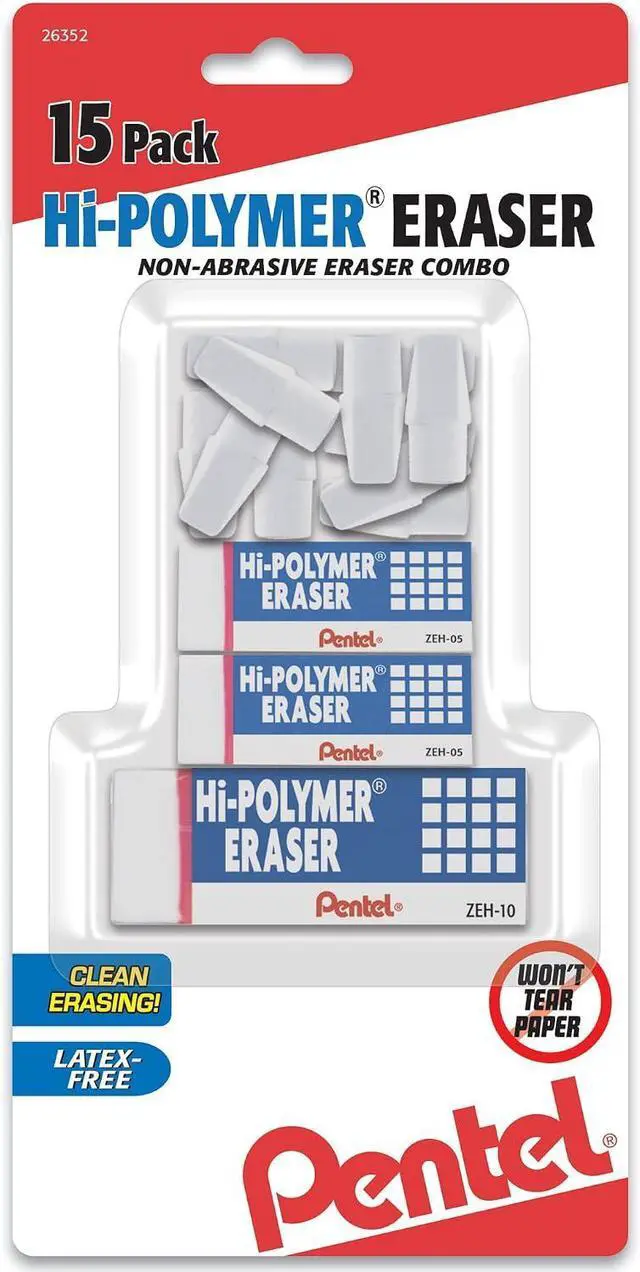 Main image of Pentel Hi-Polymer Eraser White Assorted Pack, 15 Pack