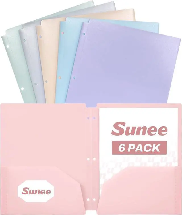 Main image of SUNEE 3 Hole Pocket Folders (6 Pack, Pastel Color), Plastic Pocket Folders for 3 Ring Binder, 3-Hole Punched Folder with Pockets, for Kids, Students, Teachers, Office Staff