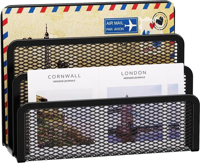Main image of Marbrasse Mail Organizer for Desk, 3-Slot Mesh Metal Mail Holder countertop, Letter Holder, Office Desktop Envelope and Document Storage Rack (Black)