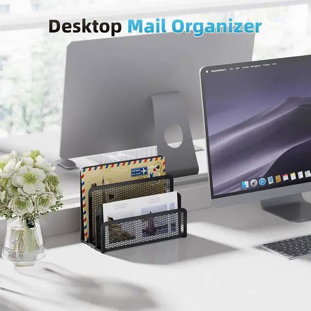 Alt view image 4 of 6 - Marbrasse Mail Organizer for Desk, 3-Slot Mesh Metal Mail Holder countertop, Letter Holder, Office Desktop Envelope and Document Storage Rack (Black)