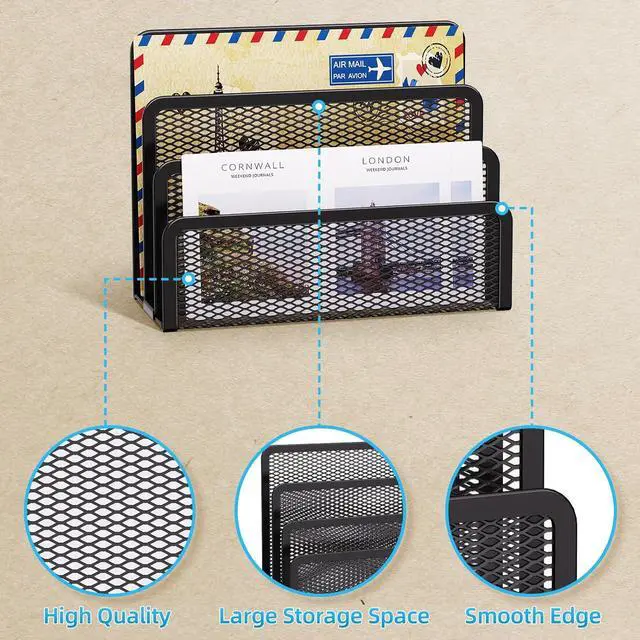 Alt view image 2 of 6 - Marbrasse Mail Organizer for Desk, 3-Slot Mesh Metal Mail Holder countertop, Letter Holder, Office Desktop Envelope and Document Storage Rack (Black)