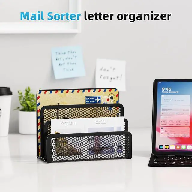 Alt view image 3 of 6 - Marbrasse Mail Organizer for Desk, 3-Slot Mesh Metal Mail Holder countertop, Letter Holder, Office Desktop Envelope and Document Storage Rack (Black)