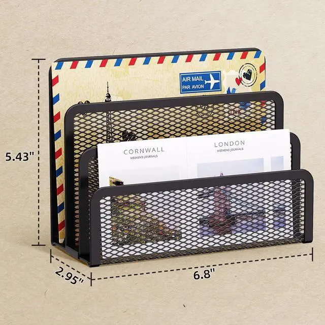 Alt view image 6 of 6 - Marbrasse Mail Organizer for Desk, 3-Slot Mesh Metal Mail Holder countertop, Letter Holder, Office Desktop Envelope and Document Storage Rack (Black)