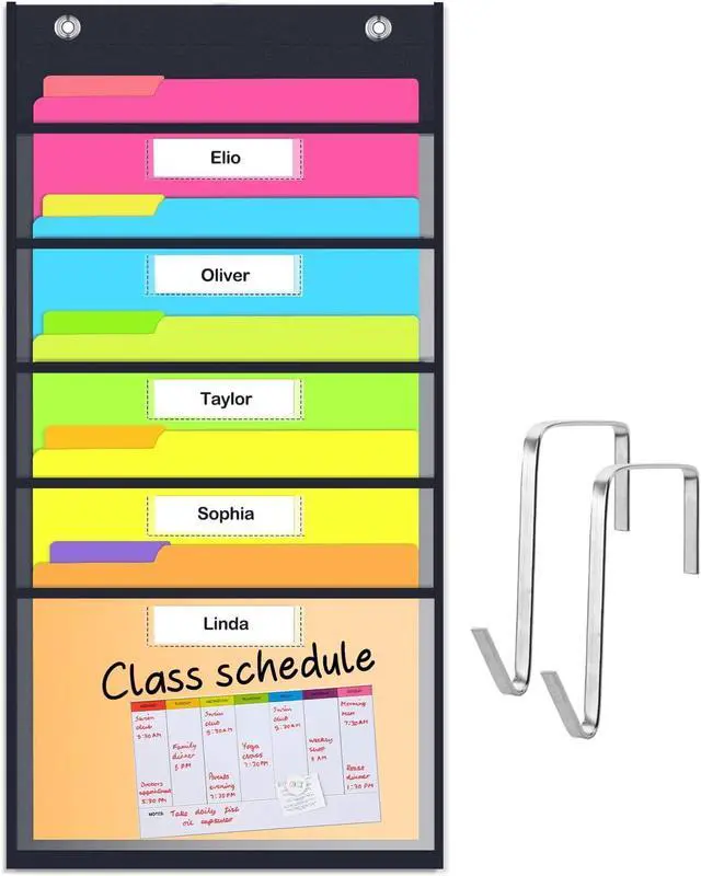 Main image of Clear Storage Pocket Chart for Classroom & Office with 5 Nametag Pockets, 2 Overdoor Hangers Included, Hanging Wall File Organizer for File Folders, Assignments, Files, Scrapbook Papers & More