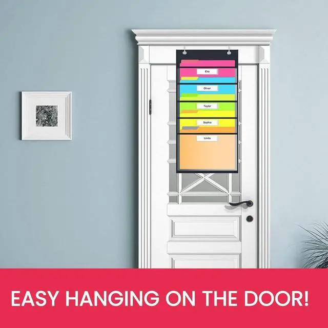 Alt view image 2 of 7 - Clear Storage Pocket Chart for Classroom & Office with 5 Nametag Pockets, 2 Overdoor Hangers Included, Hanging Wall File Organizer for File Folders, Assignments, Files, Scrapbook Papers & More