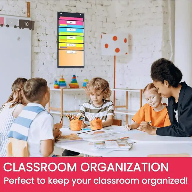 Alt view image 4 of 7 - Clear Storage Pocket Chart for Classroom & Office with 5 Nametag Pockets, 2 Overdoor Hangers Included, Hanging Wall File Organizer for File Folders, Assignments, Files, Scrapbook Papers & More