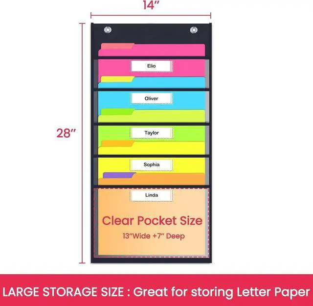 Alt view image 6 of 7 - Clear Storage Pocket Chart for Classroom & Office with 5 Nametag Pockets, 2 Overdoor Hangers Included, Hanging Wall File Organizer for File Folders, Assignments, Files, Scrapbook Papers & More