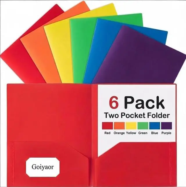 Main image of 6 Pack Plastic Folders with Pockets, 6 Assorted Colors, 2 Pocket Folders for Documents, Heavy Duty Poly Pocket Folders with Business Card Slot, File Folders for Office School Home Organization