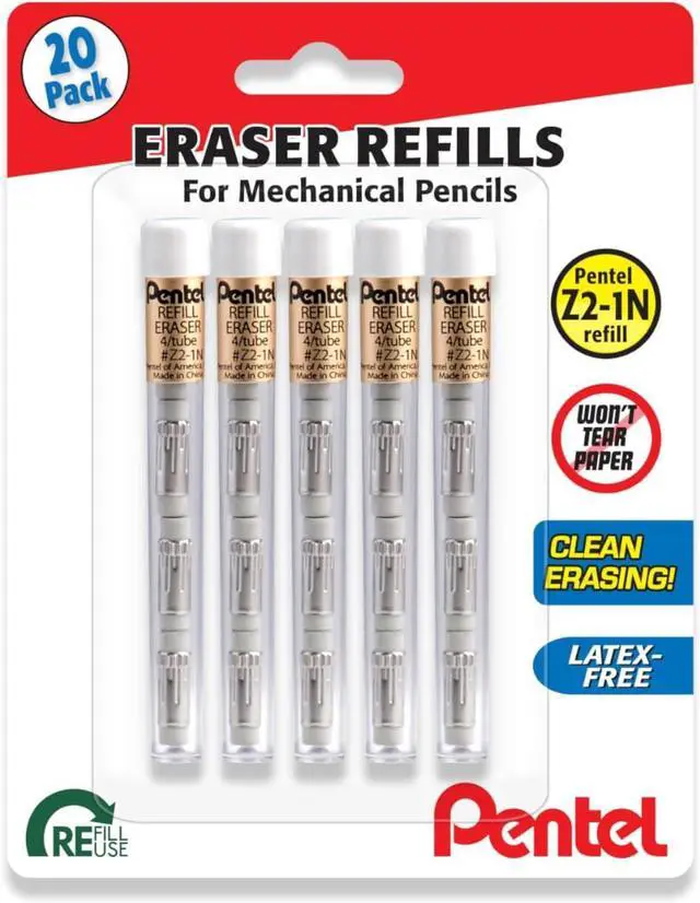 Main image of Pentel Mechanical Pencil Eraser Refills, 20 Erasers - 5 Tubes Per Pack, 4 Erasers Per Tube
