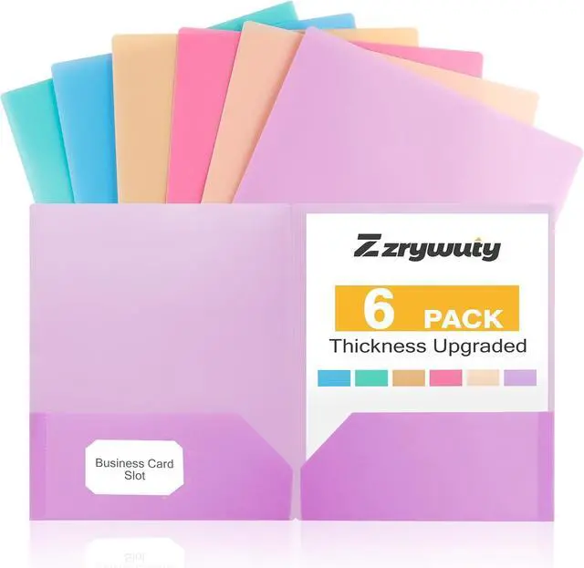 Main image of Zzrywuty Plastic Folders with Pockets 6 Pack, Heavy Duty 2-Pocket File Folders with Business Card Slot, Pastel Colors, Letter Size for Schoolwork & Office