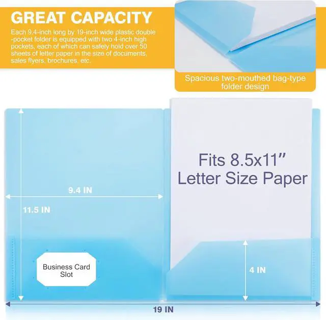 Alt view image 4 of 7 - Zzrywuty Plastic Folders with Pockets 6 Pack, Heavy Duty 2-Pocket File Folders with Business Card Slot, Pastel Colors, Letter Size for Schoolwork & Office