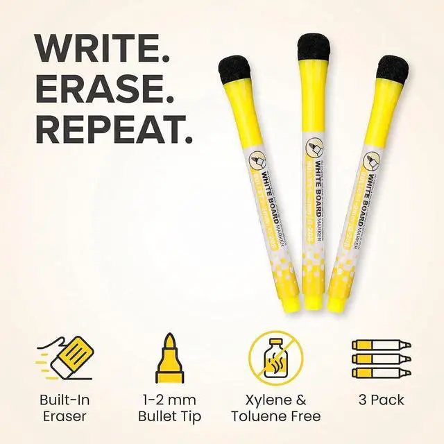 Alt view image 4 of 6 - 3 Pcs Yellow Magnetic Whiteboard Pen Writing Drawing Erasable Board Marker Office Supplies Erasable Whiteboard Pen Dry Erase and Wet Erase Markers Markers for Highlighters