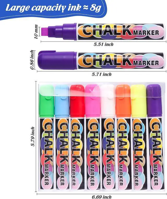 Alt view image 3 of 7 - Liquid Chalk Markers Pens, 8 Colors Washable & Wet Erase Neon Chalk Makers for Blackboard, Glass Window, Chalkboard Signs, Graduation Celebration School Kids Art