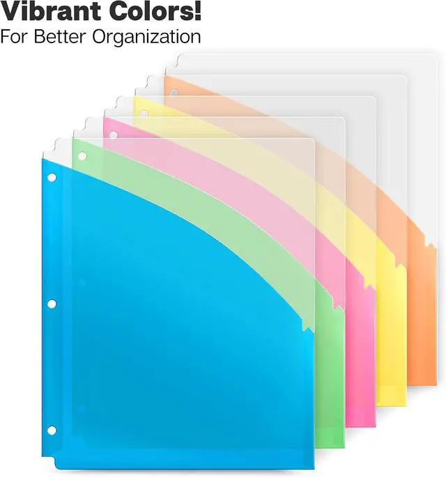 Alt view image 2 of 7 - Dunwell 3 Ring Binder Pocket (1 Set, 5 Count) No Tab, Plastic Slash File Jackets for 8.5x11 Paper, Multicolor Notebook Divider with Pockets, 3 Hole Punched Project Folder, Acid-Free