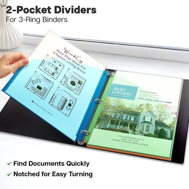 Alt view image 3 of 7 - Dunwell 3 Ring Binder Pocket (1 Set, 5 Count) No Tab, Plastic Slash File Jackets for 8.5x11 Paper, Multicolor Notebook Divider with Pockets, 3 Hole Punched Project Folder, Acid-Free
