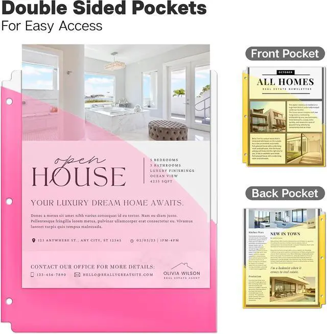 Alt view image 4 of 7 - Dunwell 3 Ring Binder Pocket (1 Set, 5 Count) No Tab, Plastic Slash File Jackets for 8.5x11 Paper, Multicolor Notebook Divider with Pockets, 3 Hole Punched Project Folder, Acid-Free