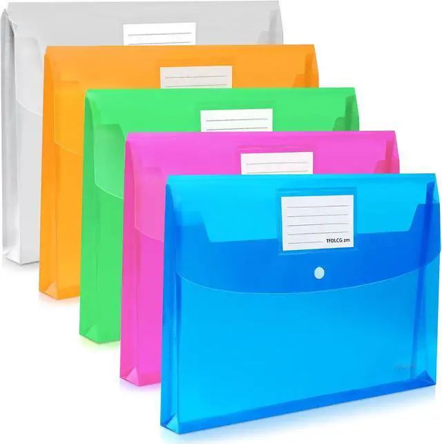 Main image of 5 Pack Plastic Envelopes with Snap Closure,Large-Capacity Colored Clear Folders for Documents File Folder,Poly Envelopes A4 Letter Size(13"×9.5") for School Home Office,Assorted Colors