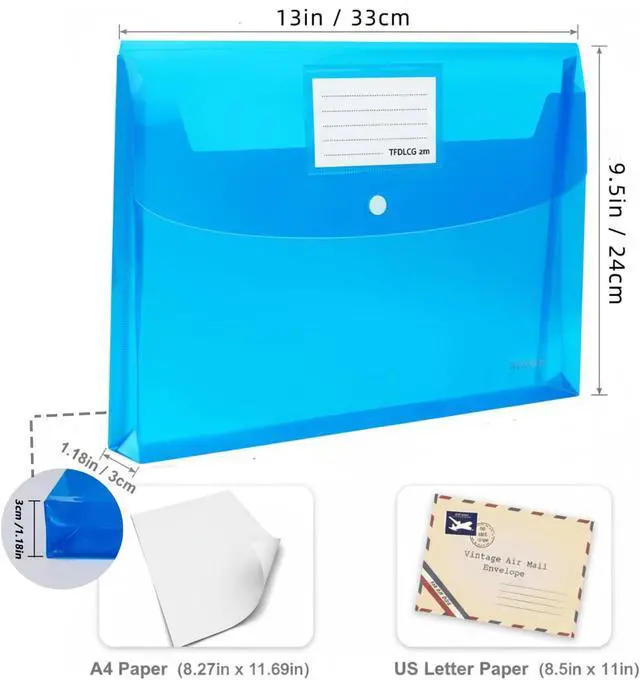 Alt view image 3 of 7 - 5 Pack Plastic Envelopes with Snap Closure,Large-Capacity Colored Clear Folders for Documents File Folder,Poly Envelopes A4 Letter Size(13"×9.5") for School Home Office,Assorted Colors