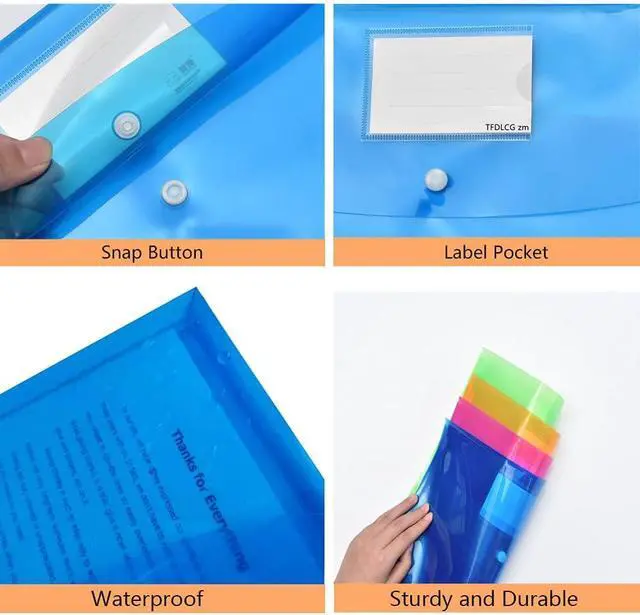 Alt view image 4 of 7 - 5 Pack Plastic Envelopes with Snap Closure,Large-Capacity Colored Clear Folders for Documents File Folder,Poly Envelopes A4 Letter Size(13"×9.5") for School Home Office,Assorted Colors