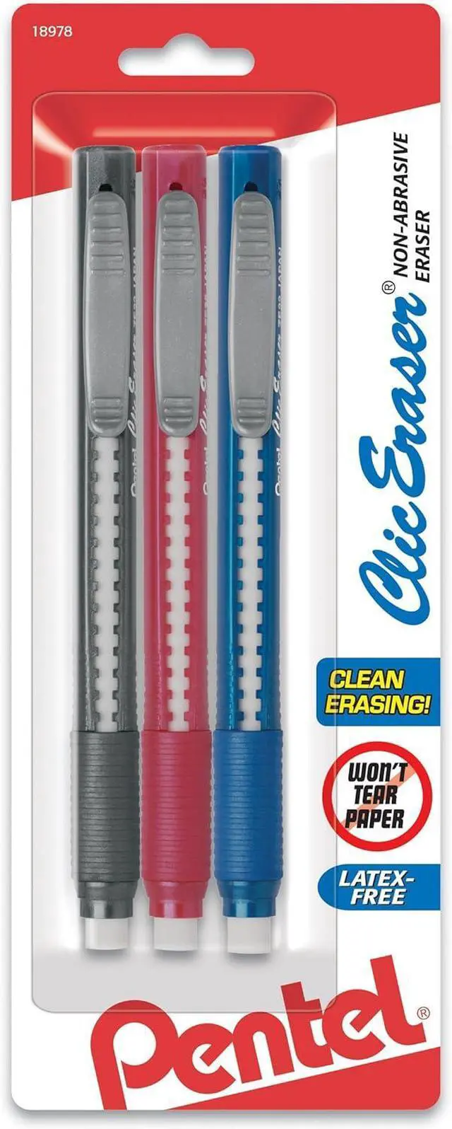 Main image of Pentel Clic Retractable Eraser with Grip, Assorted Barrel Colors (ZE21BP3M) (Pack of 3)