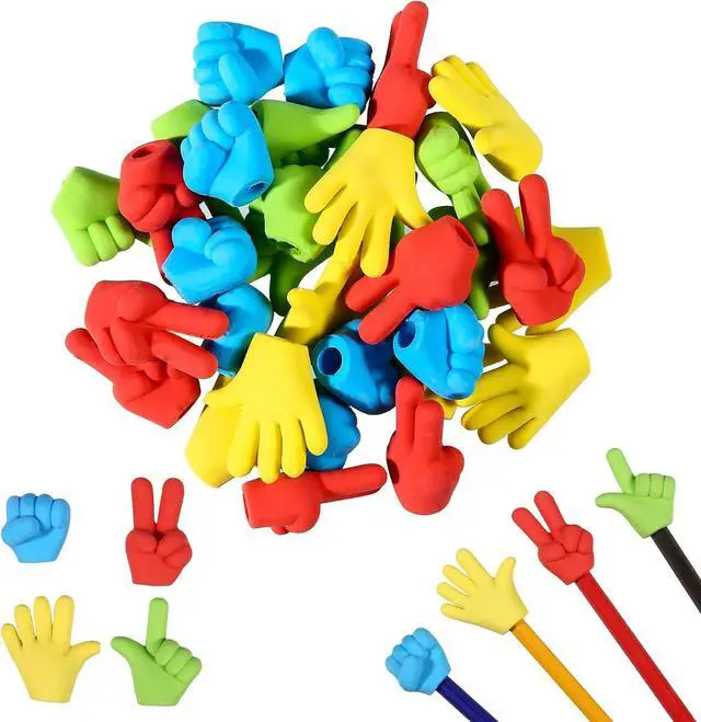 Main image of 36 Pcs Pencil Top Erasers Fun Eraser Toppers for Kids, Bulk Cute Rock Paper Scissors Eraser Caps, 4 Colors