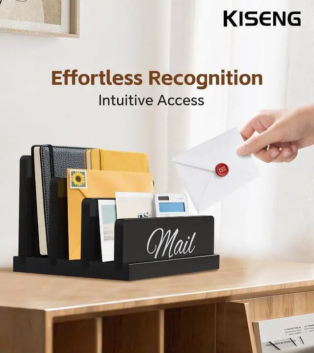 Alt view image 2 of 7 - Mail Organizer for Desk, Wooden Mail Holder with Divider, 3-Slot