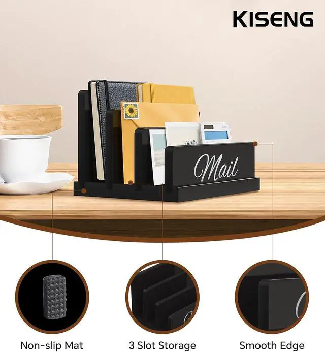 Alt view image 3 of 7 - Mail Organizer for Desk, Wooden Mail Holder with Divider, 3-Slot