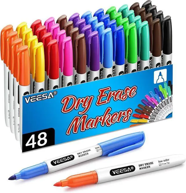 Main image of VEESA 48 Count Dry Erase Markers in 12 Colors for Classroom, Low-Odor