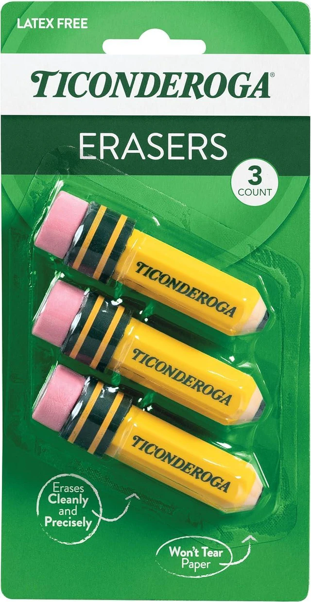 Main image of Ticonderoga Pencil Shaped Erasers, Yellow, 3 Count