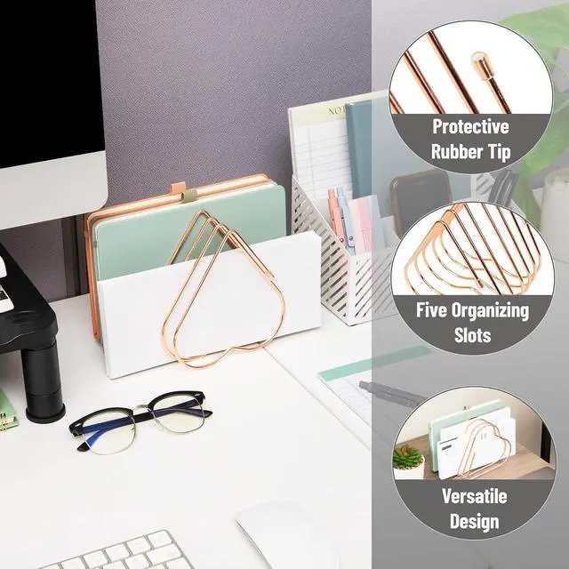 Alt view image 4 of 7 - Mind Reader Heart-Shaped Desktop File Organizer, 5-Slot Metal Folder Rack, Magazine & Book Holder, Rose Gold
