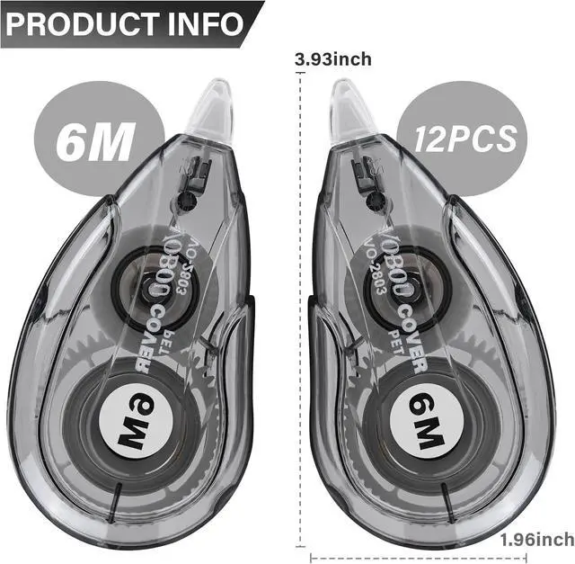 Alt view image 2 of 7 - Vobou White Correction Tape Dispenser, Easy To Use Applicator for Instant Corrections, For school, Office (Black, 12pack, 6M/256, Tape Width 0.2in)