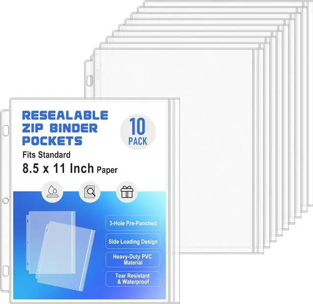 Main image of Antner 10 Pack Letter Size Binder Pockets 3 Ring Binder Zipper Pouch, 3-Hole Waterproof Resealable Zip Loose Leaf Insert Bags PVC Document Organizer Folders Page Sheet Protectors for 8.5x11 Paper