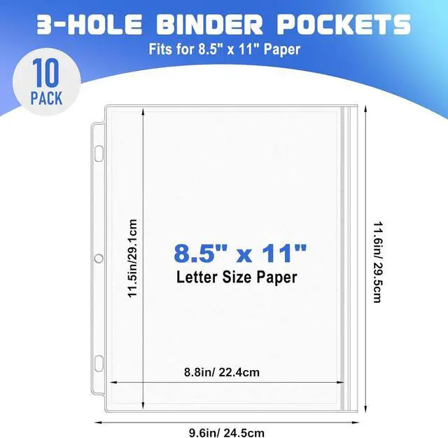 Alt view image 2 of 7 - Antner 10 Pack Letter Size Binder Pockets 3 Ring Binder Zipper Pouch, 3-Hole Waterproof Resealable Zip Loose Leaf Insert Bags PVC Document Organizer Folders Page Sheet Protectors for 8.5x11 Paper