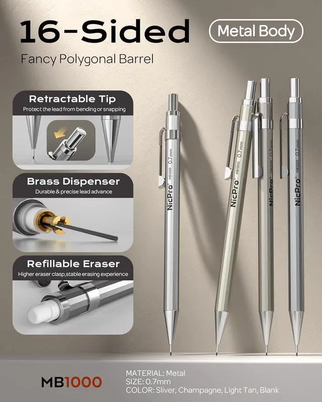 Alt view image 2 of 7 - Nicpro 4 Pack Mechanical Pencil 0.7mm, MB1000 Metal Mechanical Pencil Set