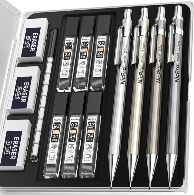 Main image of Nicpro 4 Pack Mechanical Pencil 0.7mm, MB1000 Metal Mechanical Pencil Set