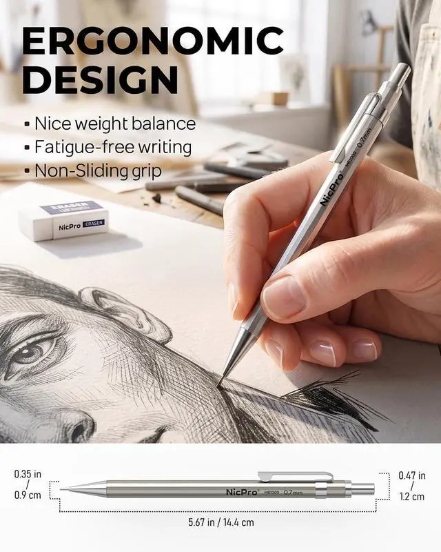 Alt view image 3 of 7 - Nicpro 4 Pack Mechanical Pencil 0.7mm, MB1000 Metal Mechanical Pencil Set
