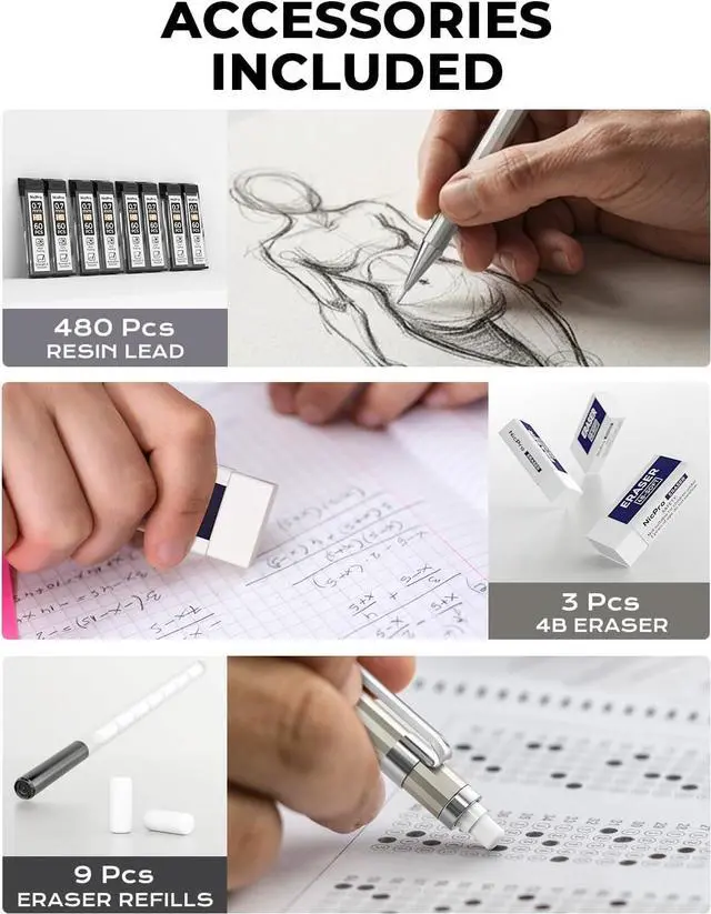 Alt view image 5 of 7 - Nicpro 4 Pack Mechanical Pencil 0.7mm, MB1000 Metal Mechanical Pencil Set