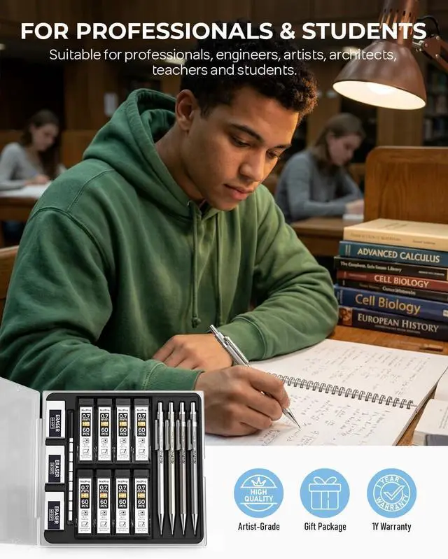 Alt view image 6 of 7 - Nicpro 4 Pack Mechanical Pencil 0.7mm, MB1000 Metal Mechanical Pencil Set