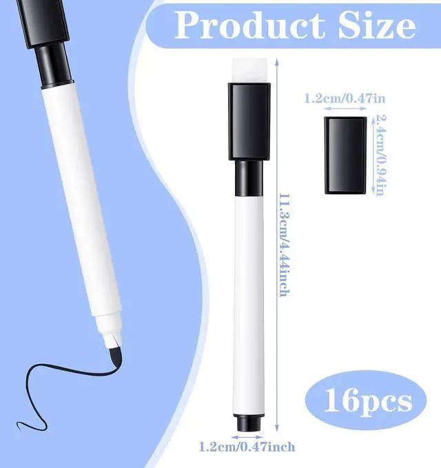 Alt view image 2 of 7 - 16 Pcs Dry Erase Markers with Eraser Cap, Mini Dry Erase Markers Black Whiteboard Marker for School, Office & Home Supplies