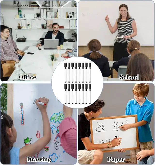 Alt view image 4 of 7 - 16 Pcs Dry Erase Markers with Eraser Cap, Mini Dry Erase Markers Black Whiteboard Marker for School, Office & Home Supplies