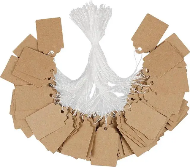 Main image of Uniclife 200 Pcs Price Tags with String Attached 1 Inch Writable Brown Kraft Paper Tags Hang Tag Price Display Labels for Pricing Clothing Jewelry Blank Merchandise Marking Tag, 1 3/8" x 7/8"
